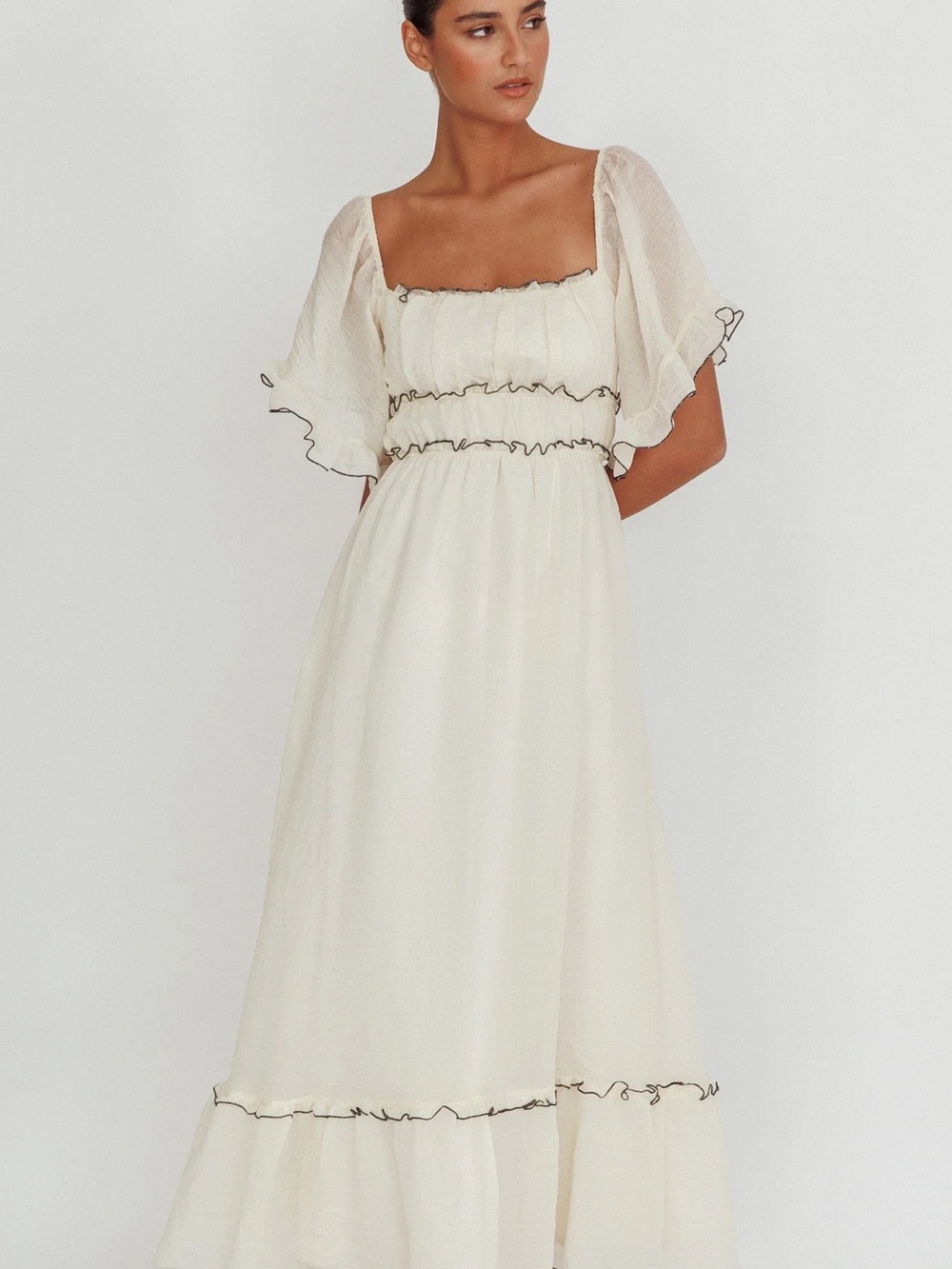 Cream Square-Neck Maxi Dress with Ruffle Trim